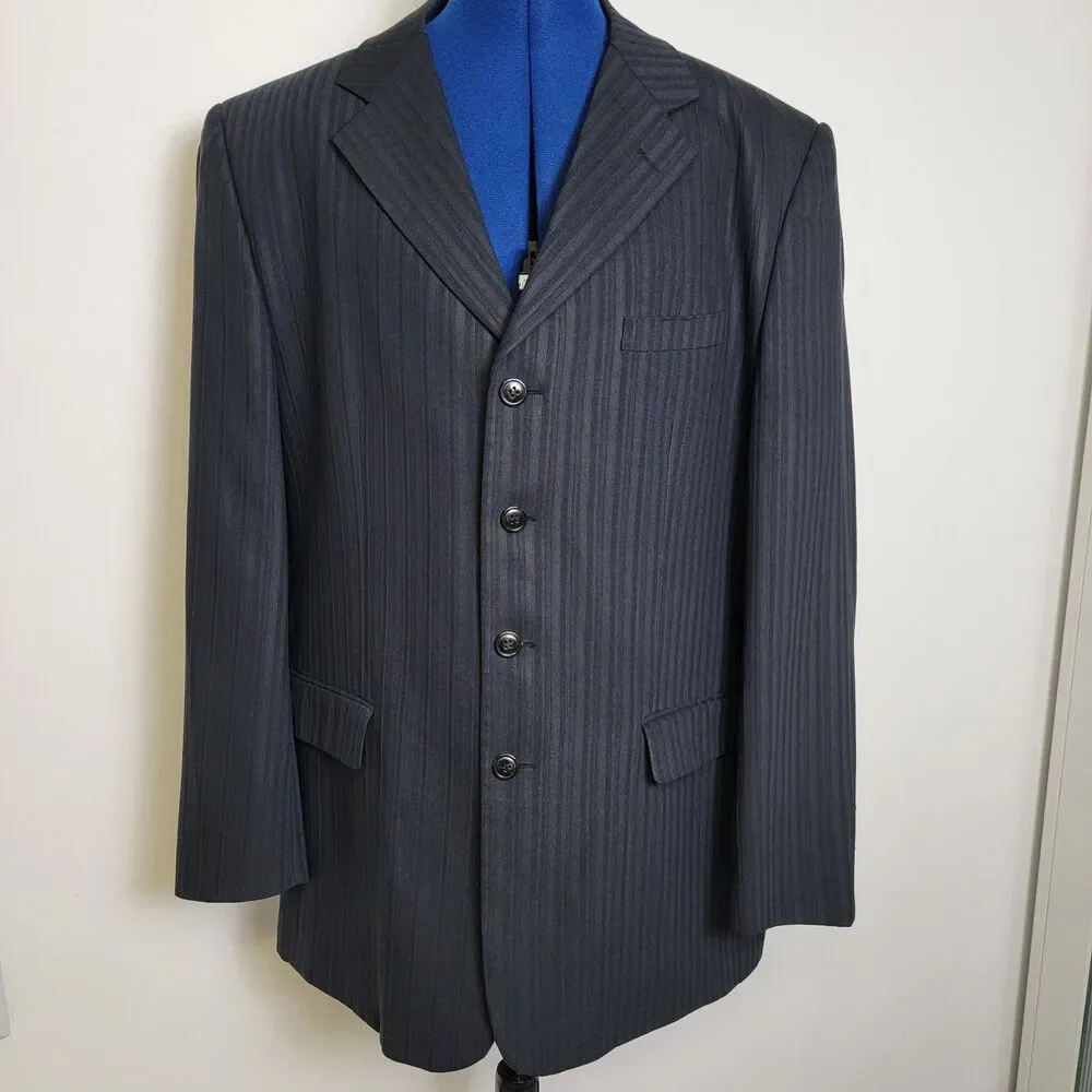 Vitaliano Super 150s Cloth Mens Black Pin Stripe 4 Button Suit Blazer 44R/37W